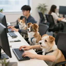 a group of dogs are sitting in the office, tapping on the computer and working like people