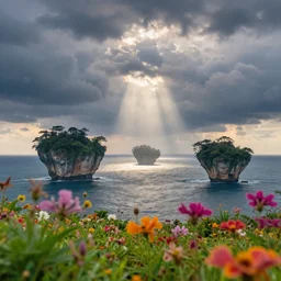 whimsical islands in the sky, storm clouds, god rays, flowers close up in foreground, max rive, 4 k, instagram, landscape, hdr