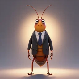 full body shot of a thin anthropomorphic cockroach wearing a suit with a tie, with long antennae, best of artstation, backlighting, 8k, hyper detail illustration, symmetrical, correct proportions, 3d render, by tim schafer, vibrant colors, disney studios