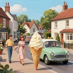 digital matte glossy painting nostalgic 1 9 5 0 s ice cream and village britain people cars, detailed in the style of trevor mitchell