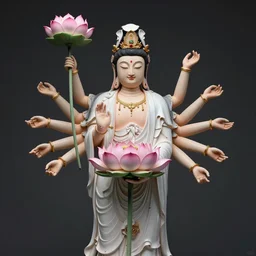 a multi armed quan yin sculpture by hajime sorayama, holding a comically large lotus flower, digital art, artstation, concept art, award winning beautiful design,