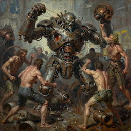 oil paint of flayed god machines, cluster battle chaos, intricately macerated by age, sentient, dethroned goliath machine, whipping blood turbines, hydrocracking battles, rusted, macerated, eviscerated by fimbria wires, by wayne d barlowe, alex ross, stefano tamburini, simon bisley & boris vallejo, enric torres