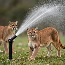 a wild cougar partying together with a living sprinkler