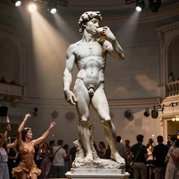 the statue david from michelangelo drinking a beer, dancing on the dancefloor in amnesia in ibiza