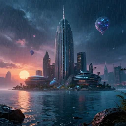 building by philip johnson, heavy rain sea extraterrestial gem alien synthwave nightsky fantasy reclaimed by nature retro lake dieselpunk bioshock uv light at summer morning sun tundra vice city sunset water postcyberpunk fisheye tron atlantis, archdaily, wallpaper, highly detailed, trending on artstation.