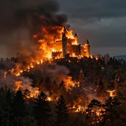 landscape, intense forest fire with a burning castle, dramatic lighting, cinematic, by WLOP, eddie mendoza, simon stålenhag, raphael lacoste, extremely high detail, photo realistic, cinematic lighting, post processed, concept art, trending on artstation, matte painting