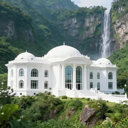 Gorgeous white palace with big windows and columns built in the green giant mountains, with waterfall, hyperdetailed, artstation, cgsociety, 8k