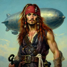 portrait painting of a 3 0 years old rugged male pirate long long hair soft hair crimson hair upper body elegant muscular rugged handsome floating mechanical zeppelin in background sky, key art cinematic lighting art 1 9 2 0 france by mucha rutkowski artgerm