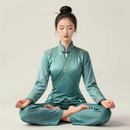 girl, asian, frontal, meditating in lotus position, teal suit, intricate, elegant, highly detailed, artstation, sharp focus, illustration, ruan jia, mandy jurgens, rutkowski, mucha