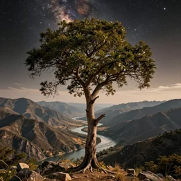 realistic tree, mountains, river, landscape, photo, concept art, universe in the sky, cinematic lighting, 4k, wide angle, warm tones, Earth,