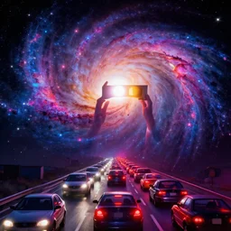 spiral galaxy with dramatic eclipse, infinite traffic, synthwave, bright neon colors, highly detailed, cinematic, tim white, vladimir kush, philippe druillet, roger dean, bob eggleton, michael whelan, tetsuro kimura, alfred kelsner, kubrick, jaroslaw jasnikowski