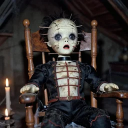 closeup old flash photo of a creepy dirty shocked scared cracked hellraiser victorian ventriloquist dummy sitting in a rocking chair in an old abandoned attic at night, candles, spider webs, disposable camera, guillermo del toro, hp lovecraft, wes anderson, greg rutkowski,