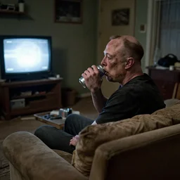 full distant shot of sad bald poor dirty elon musk drinking a can of beer in the couch while watching tv in a dirty house, very realistic photograph, cinematic lighting, dardenne brothers, trailer park boys