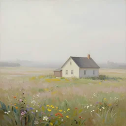 a matte painting of a prairie, close up cottage, foggy, patchy flowers, oil painting, pale colors, high detail, 8 k, wide angle, trending on artstation,