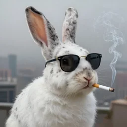 bunny with black spots on nose and face, realistic and ultra intricate detailed soft painting, volumetric lighting, mist, cityscape background, Artstation, Tom Bagshaw Yasushi Nirasawa Moebius artstyle, unreal render, depth of field smoking a cigarette, wearing sunglasses,