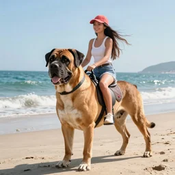 girl riding a giant mastiff at the beach, trending on artstation