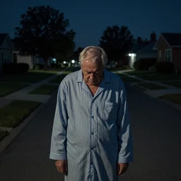 photograph of a old man with a very sad bowed head, wearing a nightshirt, in the middle of a suburban street at night, in the style of Gregory Crewdson