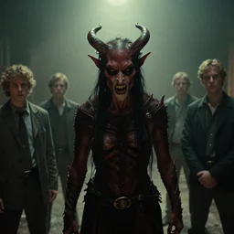 the demon, film still from the movie directed by denis villeneuve and david cronenberg with art direction by bernie wrightson, tim hildebrandt and tim white, wide lens