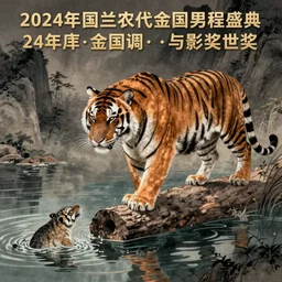 a mighty tiger standing on a log ready to hunt prey in the water, Chinese Art