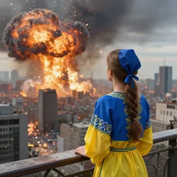 ukrainian girl, in blue and yellow clothes, watching explosions in big city, concept art, trending on artstation, highly detailed, intricate, sharp focus, digital art, 8 k