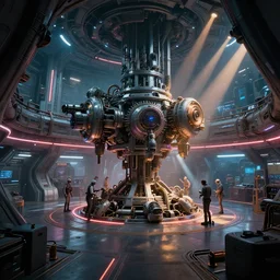wide shot, interior of an alien spaceship, futuristic, hyperrealism, heavy machinery, humanoids working, neon tubes crepuscular rays, ray tracing, by alphosne mucha adolf hiremy hirschl