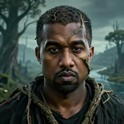 an ultra realistic, cinematic, headshot portrait, of an evil kanye west, tree wizard, fantasy, elden ring, branches wrapped, facial features, background of a vast serene landscape, with trees and rivers, detailed, deep focus, movie still, dramatic lighting, ray tracing, by michal karcz and yoshitaka amano
