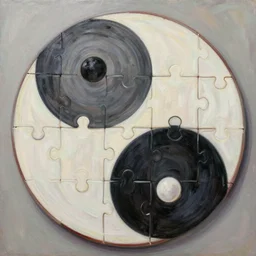 an extremely high quality hd surrealism painting of a jigsaw made of yin yangs, yin yangs