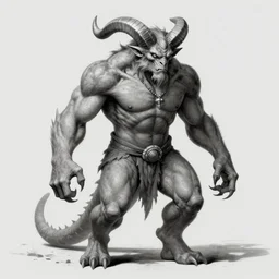 full body, grayscale, Gustave Dore, Sorie Kim, muscled humanoid balrog demon, horns, claws, large horned tail, heroic pose, swirling flames