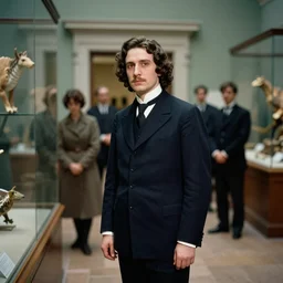 an image of a beautiful archduke visiting the museum of nature in a medium full shot, vintage historical fantasy 1 9 3 0 s kodachrome slide russian and japanese mix, with fair skin, long, wavy dark brown hair, and auburn eyes. he is photographed touring the museum with staff and guides. he is wearing a dark navy suit.