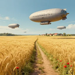 immense wheat fields, a path, a small village, poppies, summer sky,, large dieselpunk flying airships, matte painting, by rozalski, artstation
