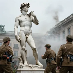 photograph of the statue of david getting stolen by german ww2 soldiers to be destroyed