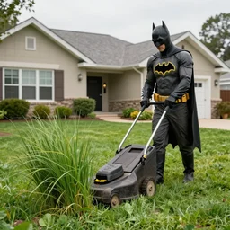 batman mowing the lawn, property with tall grass being mowed, photograph 4 k