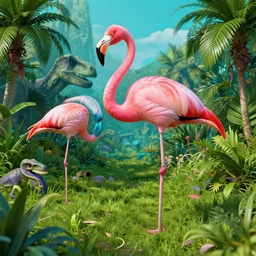 a pink flamingo standing in a lush jurassic landscape, 4 k, hyper realistic, coherent design, symmetrical, vivid colour, trending on art station, in the style of pi - slices, complementary colour, golden ratio, detailed, sharp lines, intricate, rainbow shift, in unreal 3 d engine, ray tracing, octane render