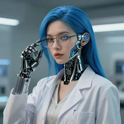 Hot young woman, mad scientist, wearing lab coat and a blouse, wearing glasses, long blue hair, cybernetic eye, robotic left arm, nanopunk, futuristic, hyperdetailed, hyperrealistic, digital art, artstation, concept art, 4k, 8k