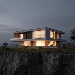 A beautiful realistic architectural rendering of a modern minimalistic house on a cliff with a mysterious glow emitting from inside, by octane render and corona render