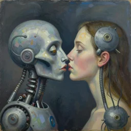Oil painting by Yves Tanguy. Strange mechanical beings kissing. Close-up portrait by Lisa Yuskavage. Paul Klee.
