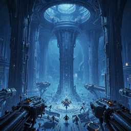 the depths of a vast artificial world with massive towering pillars holding the ceiling of the artificial, mechanical realm up, detailed, cobalt coloration, energetic beings patrolling, extreme depth, wayne barlowe and mc escher collaboration, abyss, colossal hovering machine automations of brutalist design visible in the foreground