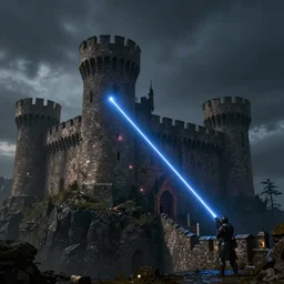 a beam of laser shooting a medieval castle, digital art, contrast laser, high - resolution, trending on artstation