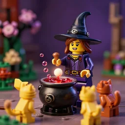 a wholesome Lego key shot of a Lego witch cooking a magic point in her cauldron of bubbling red liquid as her Lego cats watch, medium shot, waist up, studio Ghibli, Pixar and Disney animation, sharp, Rendered in Unreal Engine 5, Lego key art by Greg Rutkowski, Bloom, dramatic lighting, J. C. Leyendecker