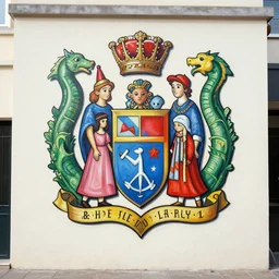 fantasy family crest, by ralph steadman, by sonia delaunay, street art, mural, electric colors, geometric, polygonal, vector illustration, tshirt artwork
