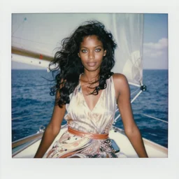 a medium full shot, german and eastern european mixture polaroid photograph depicting a black woman with dark brown skin, long, swirling black hair, and jade colored eyes, on a sailing boat. she is wearing wearing a yachting dress ensemble in 1 9 8 2.