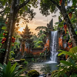 ancient forest with a stone temple and a waterfall and colorful tropic fruit trees, sunset, high definition, high detail, photorealisitc, 8k,