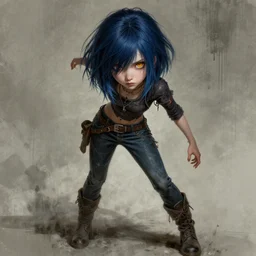 medium shot, grunge style, nice pale twelve years old girl witch with midnight blue hair, messy dyed in midnight blue bob cut hairstyle, amber oval eyes, grunge clothes, jeans, high boots, dynamic pose, digital art, highly detailed, sharp focus, digital painting, artwork by Rutkowsky, by Victor Adame Minguez by Yuumei by Tom Lovell by Sandro Botticelli