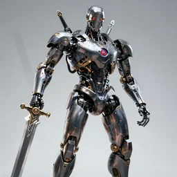 a hyperrealistic magnificent robot holding a powerful sword, archaon the everchosen, terminator, Terminator: Dark Fate, most beautiful image ever created, emotionally evocative, greatest art ever made, lifetime achievement magnum opus masterpiece, the most amazing breathtaking image with the deepest message ever painted, a thing of beauty beyond imagination or words