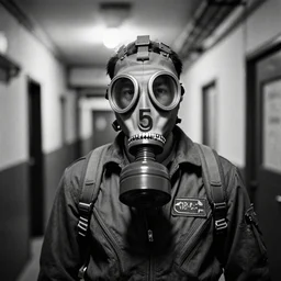 A photograph of a man in a GP-5 gas mask and a flight suit, inside the halls of the Kowloon Walled City. Film Noir. High Contrast. Black and White.