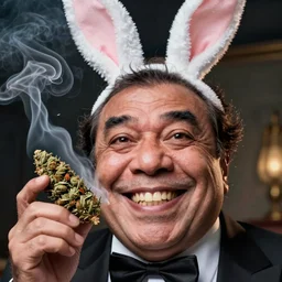 hyper realistic, close up portrait of a mega derpy danny devito, big chungus, with bunny ears, smoking massive amounts of weed, big smile, chunk teeth, by greg rutkowski, scott m fischer, artgerm, loish, slight glow, atmospheric, anne stokes, alexandros pyromallis, 4 k, 8 k