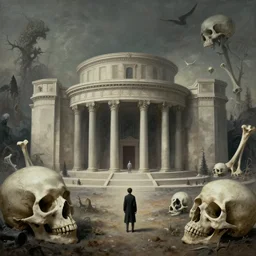 a surreal theatre set, by ross tran and ivan aivazovsky. skulls, big bones, eerie, somber tone. by beeple beksinski. surreal architecture, bizzare landscape, precisionism