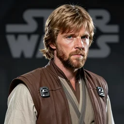 star wars portraif of a man bu greg rutkowski, jedi commander luke skywalker, wearing starfighter pilot uniform ot the galactic alliance, he is about 6 0 years old, he has beard, sharp foccus, artstation hq.