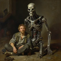 half homeless, half terminator, image from new scifi from ilm and weta digital, painted by thomas eakins