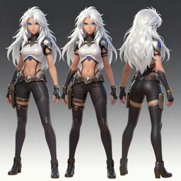 highly detailed, digital art, pixiv fanbox, trending on artstation, ray tracing, volumetric lighting, sharp focus, hq, overwatch style amazon barbarian female character, long messy wild white hair and blue eyes, front and back view, design sheet, arcane, by artgerm, wlop, greg rutkowski, miyazaki hayao